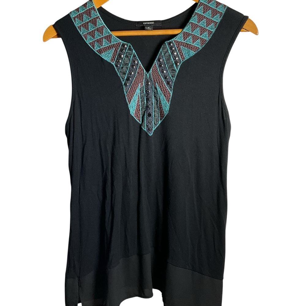 Espresso Embellished Tunic Top Sleeveless Southwestern Beaded Bohemian